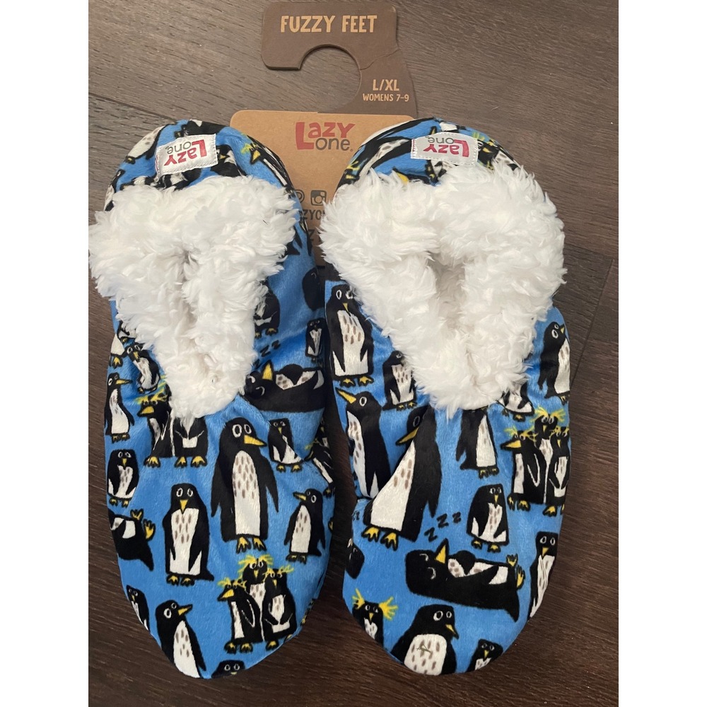 Lazy One Penguin Fuzzy Feet Slippers‎ Blue Faux Shearling Lined Womens L/XL 7-9